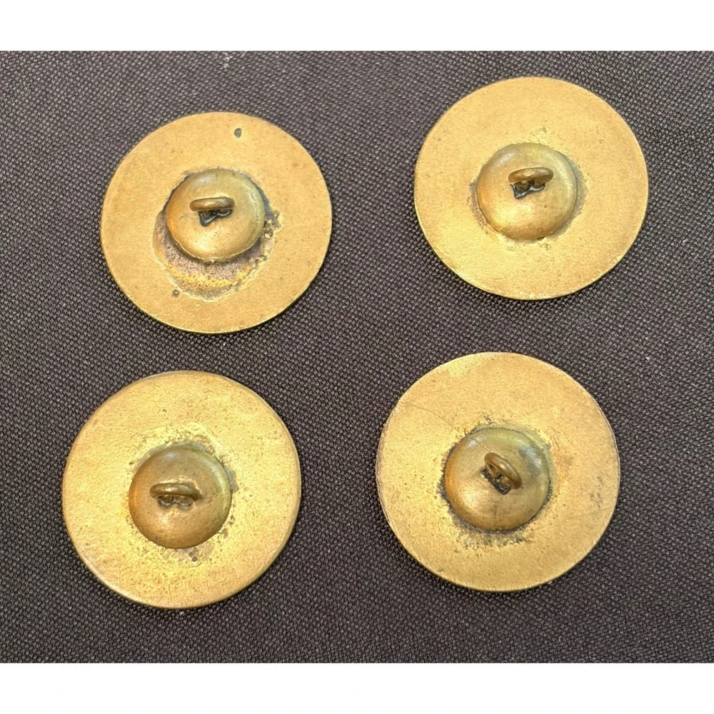 Lot 4 Antique Early 19th C Flat Brass Buttons Dashed Border Wire Shank 1820s